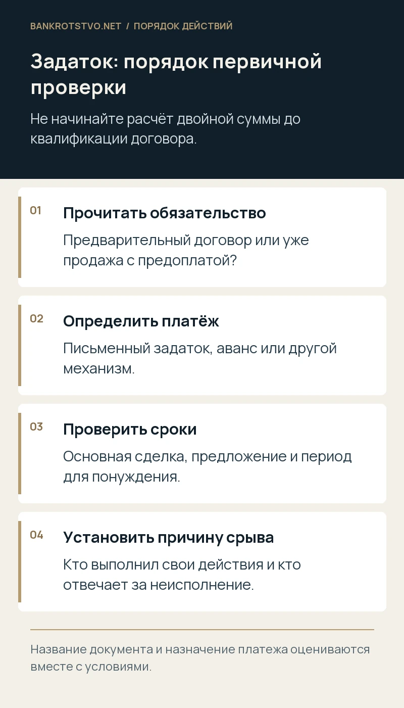 Задаток: порядок первичной проверки. Прочитать обязательство: Предварительный договор или уже продажа с предоплатой?; Определить платёж: Письменный задаток, аванс или другой механизм.; Проверить сроки: Основная сделка, предложение и период для понуждения.; Установить причину срыва: Кто выполнил свои действия и кто отвечает за неисполнение.