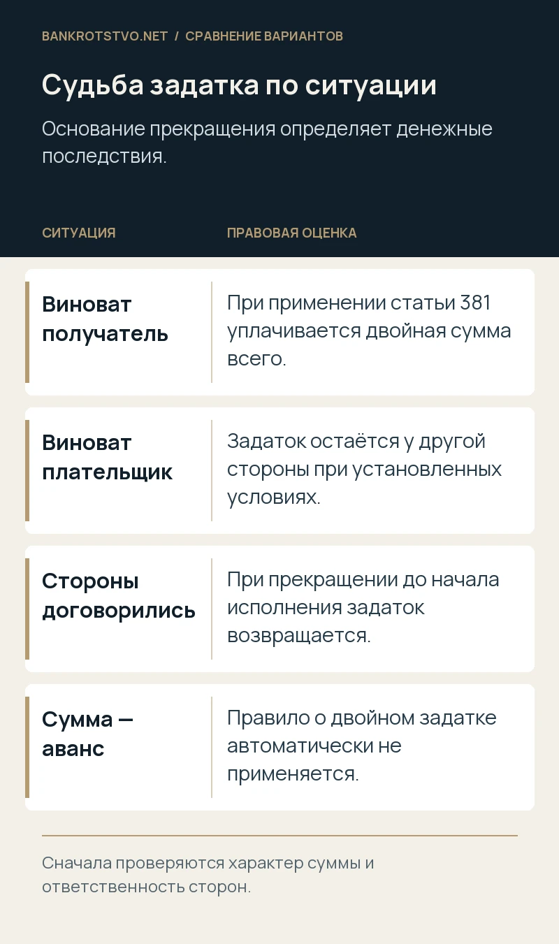 Судьба задатка по ситуации. Виноват получатель: При применении статьи 381 уплачивается двойная сумма всего.; Виноват плательщик: Задаток остаётся у другой стороны при установленных условиях.; Стороны договорились: При прекращении до начала исполнения задаток возвращается.; Сумма — аванс: Правило о двойном задатке автоматически не применяется.