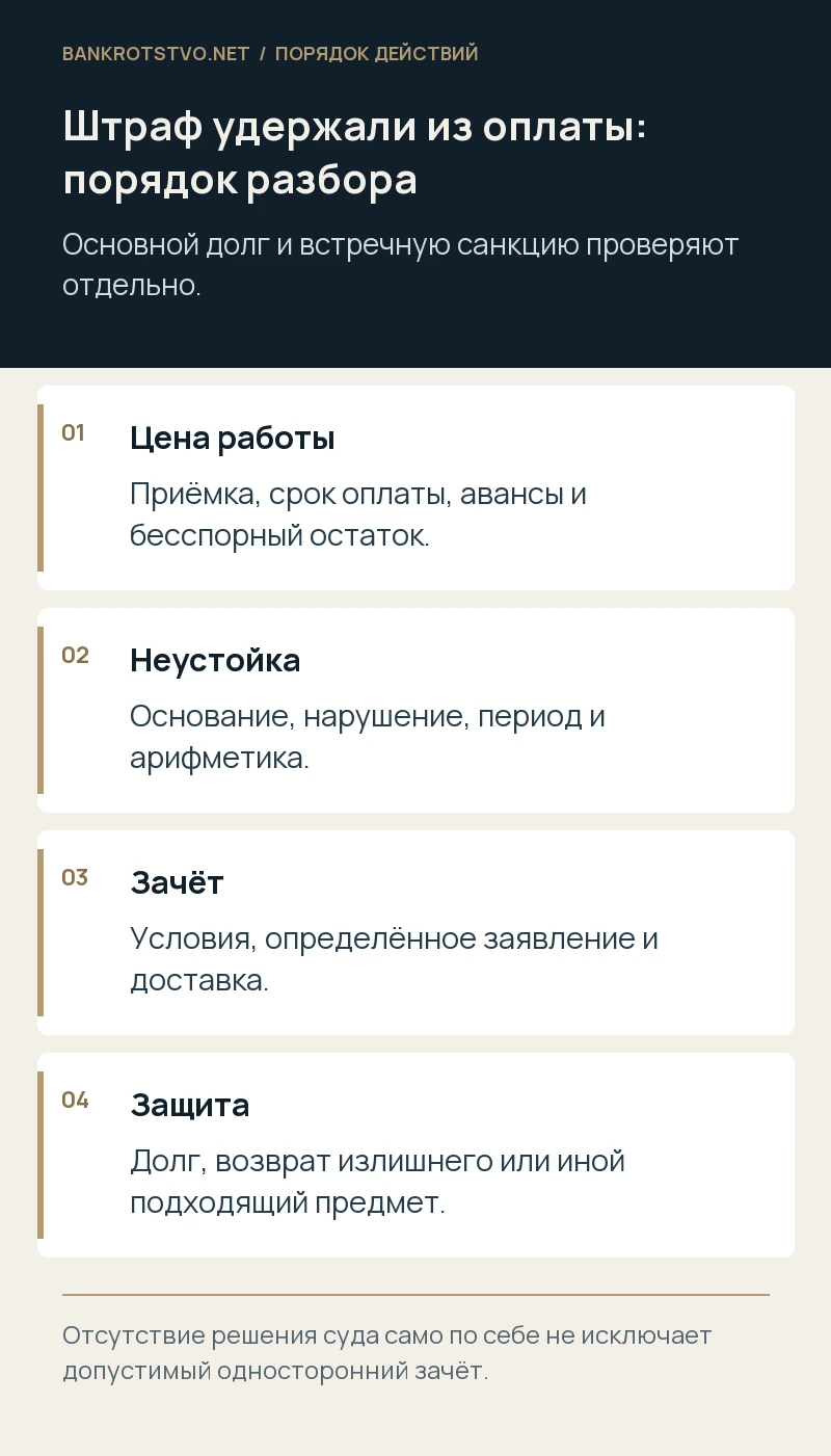 Штраф удержали из оплаты: порядок разбора. Цена работы: Приёмка, срок оплаты, авансы и бесспорный остаток.; Неустойка: Основание, нарушение, период и арифметика.; Зачёт: Условия, определённое заявление и доставка.; Защита: Долг, возврат излишнего или иной подходящий предмет.