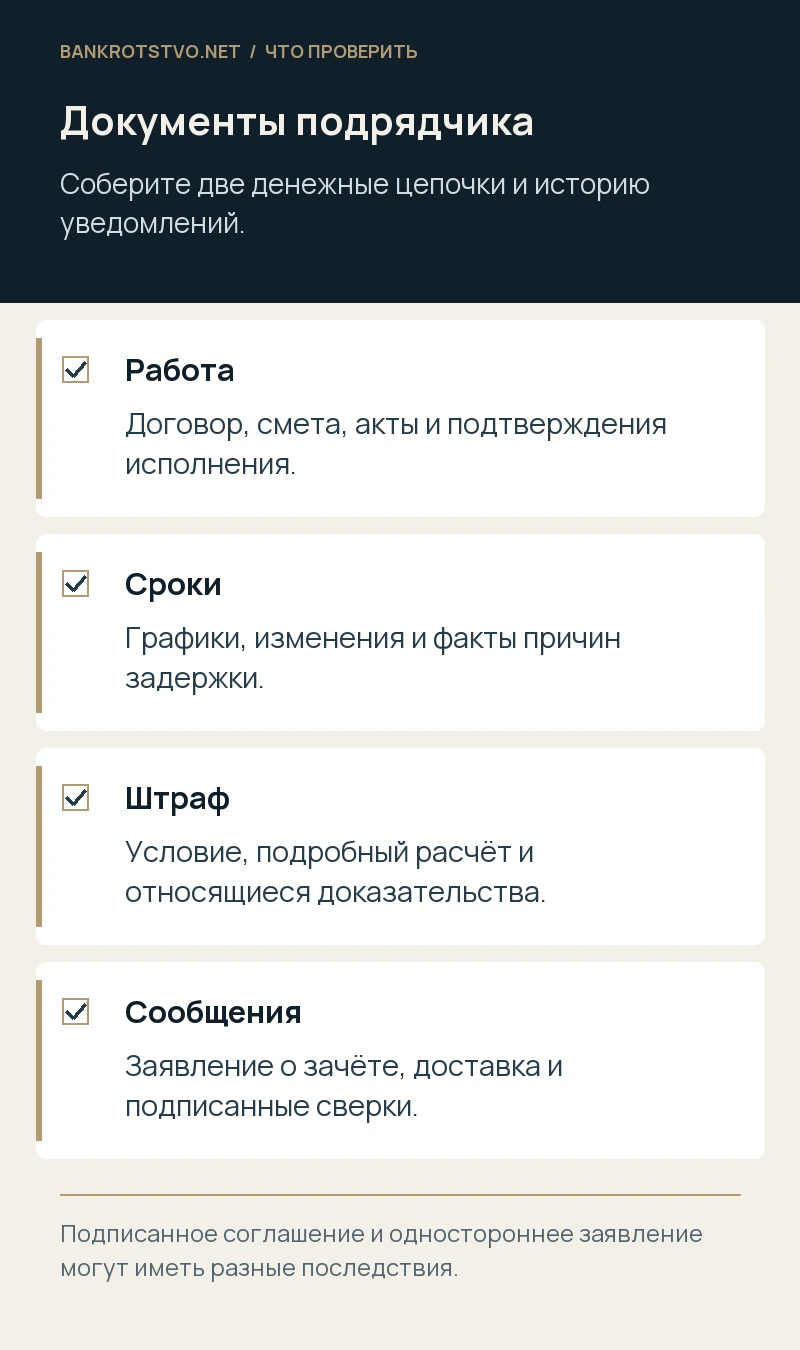 Документы подрядчика. Работа: Договор, смета, акты и подтверждения исполнения.; Сроки: Графики, изменения и факты причин задержки.; Штраф: Условие, подробный расчёт и относящиеся доказательства.; Сообщения: Заявление о зачёте, доставка и подписанные сверки.