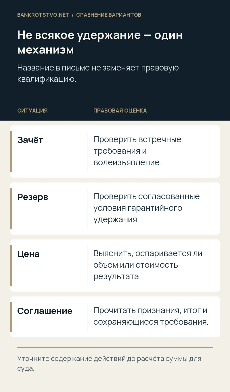 Не всякое удержание — один механизм. Зачёт: Проверить встречные требования и волеизъявление.; Резерв: Проверить согласованные условия гарантийного удержания.; Цена: Выяснить, оспаривается ли объём или стоимость результата.; Соглашение: Прочитать признания, итог и сохраняющиеся требования.