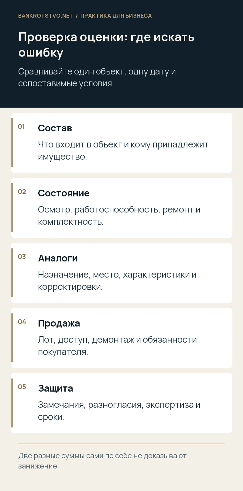 Проверка оценки: где искать ошибку. Состав: Что входит в объект и кому принадлежит имущество.; Состояние: Осмотр, работоспособность, ремонт и комплектность.; Аналоги: Назначение, место, характеристики и корректировки.; Продажа: Лот, доступ, демонтаж и обязанности покупателя.; Защита: Замечания, разногласия, экспертиза и сроки.