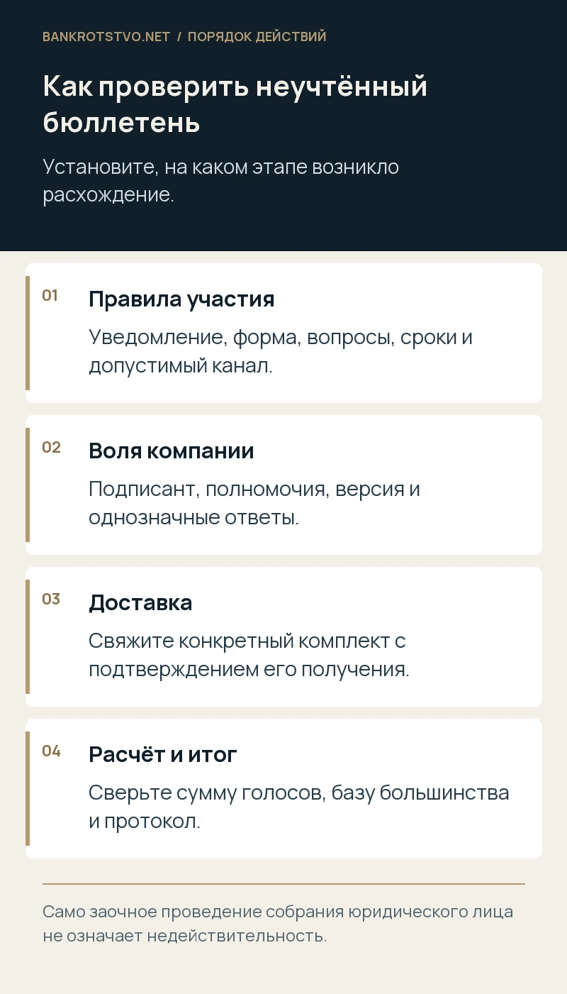 Как проверить неучтённый бюллетень. Правила участия: Уведомление, форма, вопросы, сроки и допустимый канал.; Воля компании: Подписант, полномочия, версия и однозначные ответы.; Доставка: Свяжите конкретный комплект с подтверждением его получения.; Расчёт и итог: Сверьте сумму голосов, базу большинства и протокол.
