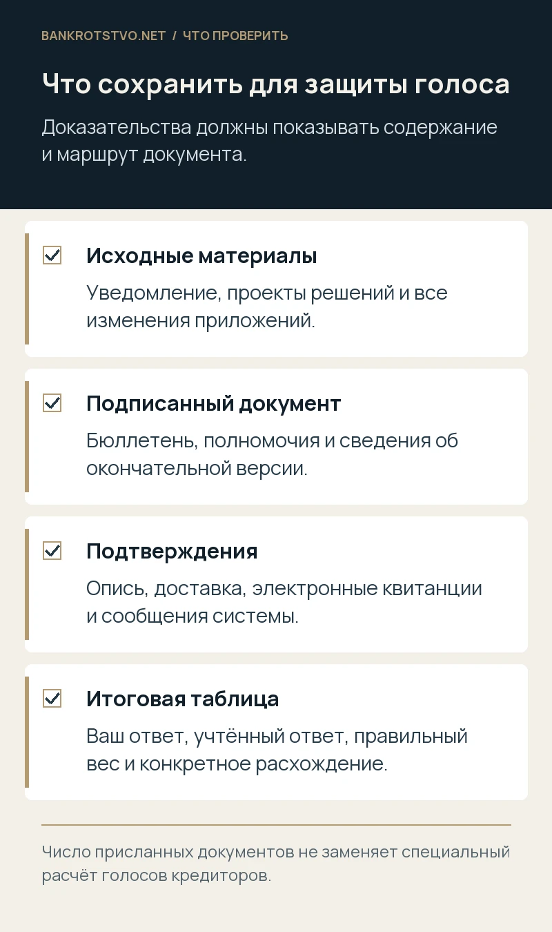Что сохранить для защиты голоса. Исходные материалы: Уведомление, проекты решений и все изменения приложений.; Подписанный документ: Бюллетень, полномочия и сведения об окончательной версии.; Подтверждения: Опись, доставка, электронные квитанции и сообщения системы.; Итоговая таблица: Ваш ответ, учтённый ответ, правильный вес и конкретное расхождение.
