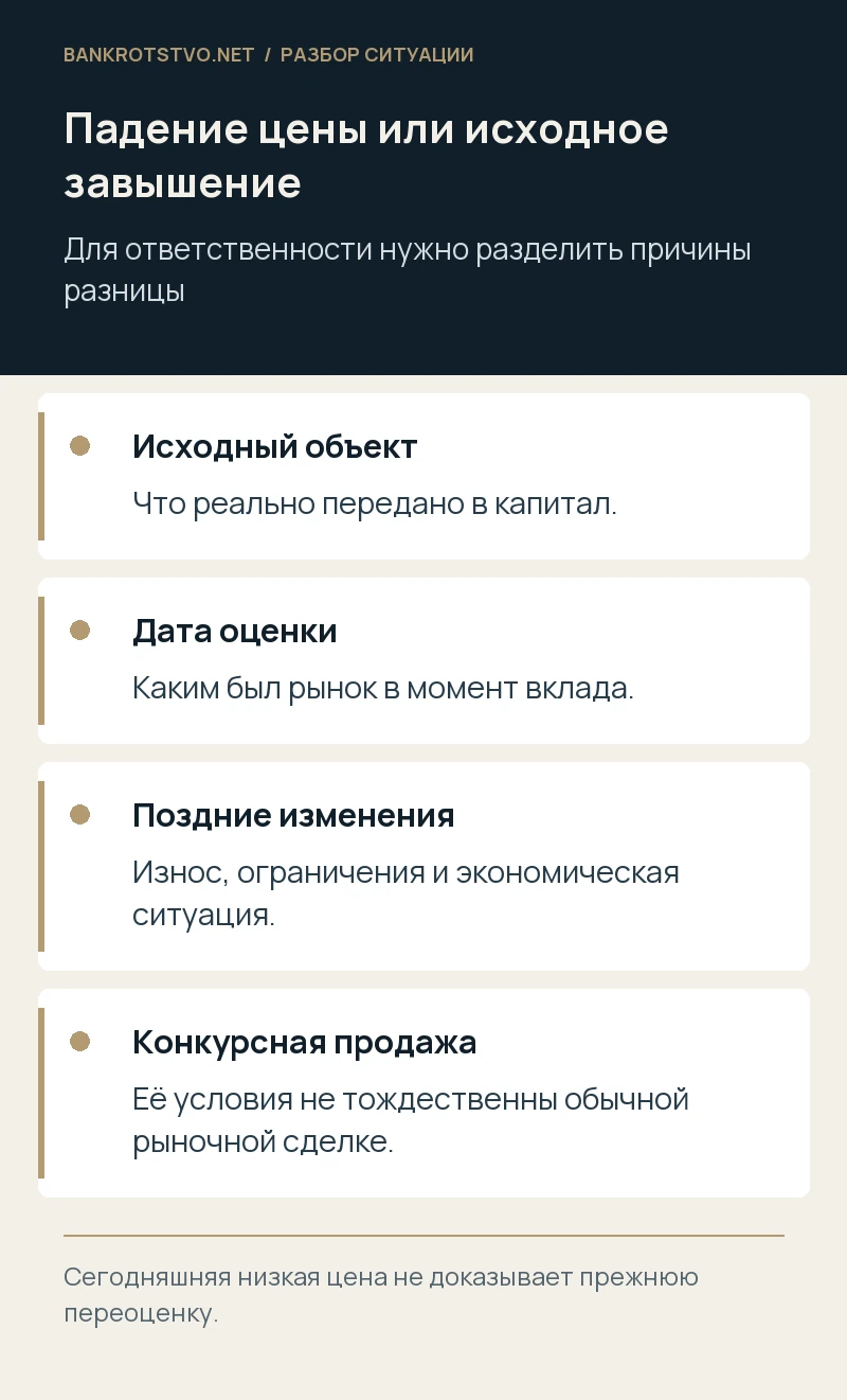 Падение цены или исходное завышение. Исходный объект: Что реально передано в капитал.; Дата оценки: Каким был рынок в момент вклада.; Поздние изменения: Износ, ограничения и экономическая ситуация.; Конкурсная продажа: Её условия не тождественны обычной рыночной сделке.