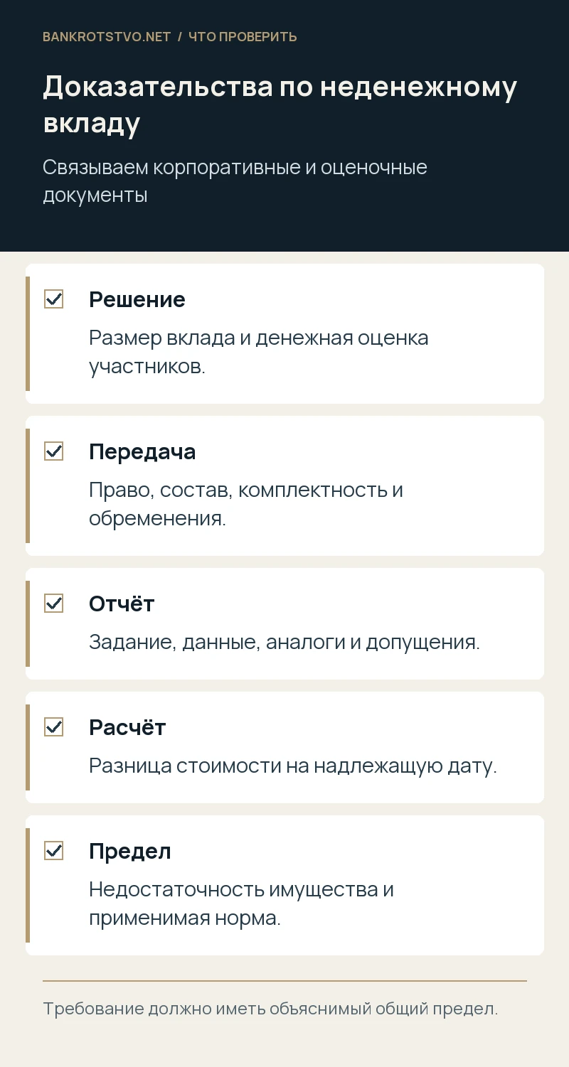 Доказательства по неденежному вкладу. Решение: Размер вклада и денежная оценка участников.; Передача: Право, состав, комплектность и обременения.; Отчёт: Задание, данные, аналоги и допущения.; Расчёт: Разница стоимости на надлежащую дату.; Предел: Недостаточность имущества и применимая норма.